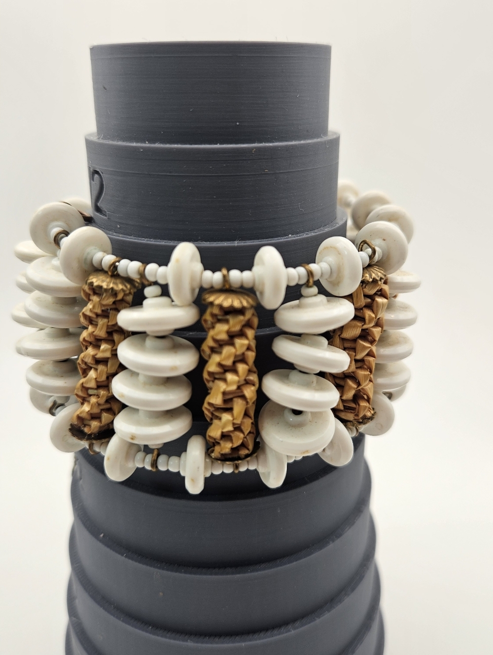 Vintage Miriam Haskell Wrap Bracelet White Beads and Natural Raffia